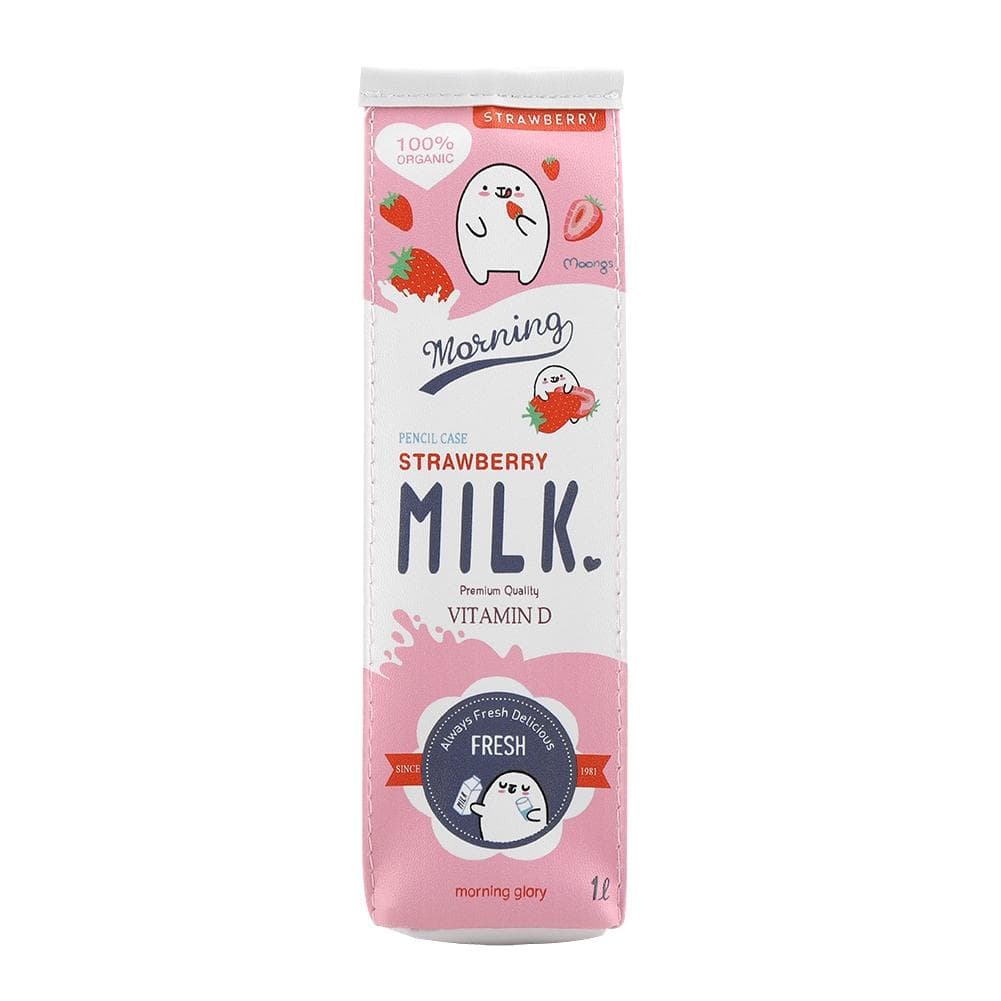 3Colors Cartoon Milk Stationery Bag Waterproof PU Large Capacity Pencil Case Storage Bag Pink