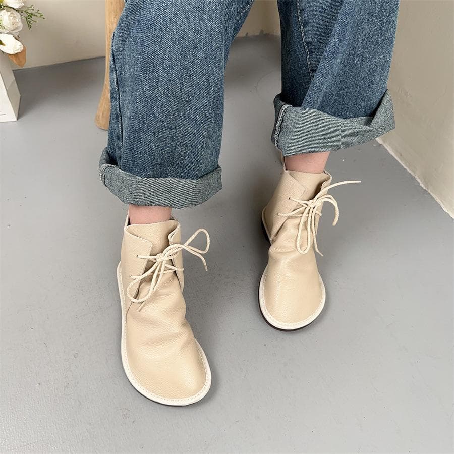Johnature Retro Genuine Leather Women Short Boots Soft Cowhide Lace-Up Shoes Round Toe Solid Color Boots 39 beige