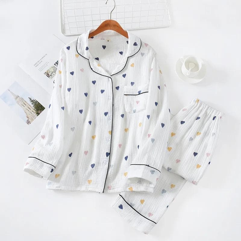 Spring, Summer and Autumn New Style Women's Pure Cotton Gauze Home Clothes Suit Long-sleeved Trousers Cute Cartoon Suit for Women XL