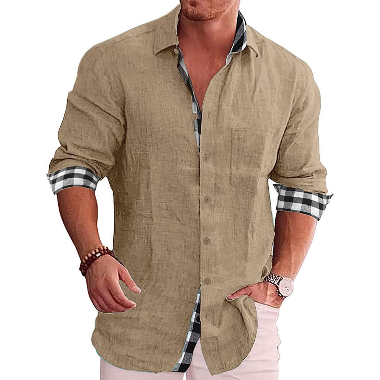 Men Button Up Shirt Long Sleeve Turn Down Collar Outer Plain Pattern Inner Plaid Print Loose Casual M(for 4-6.5kg) khaki