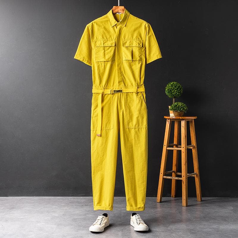 Large Size Men's and Women's Summer Fashion Casual Short Sleeve Jumpsuit XL yellow
