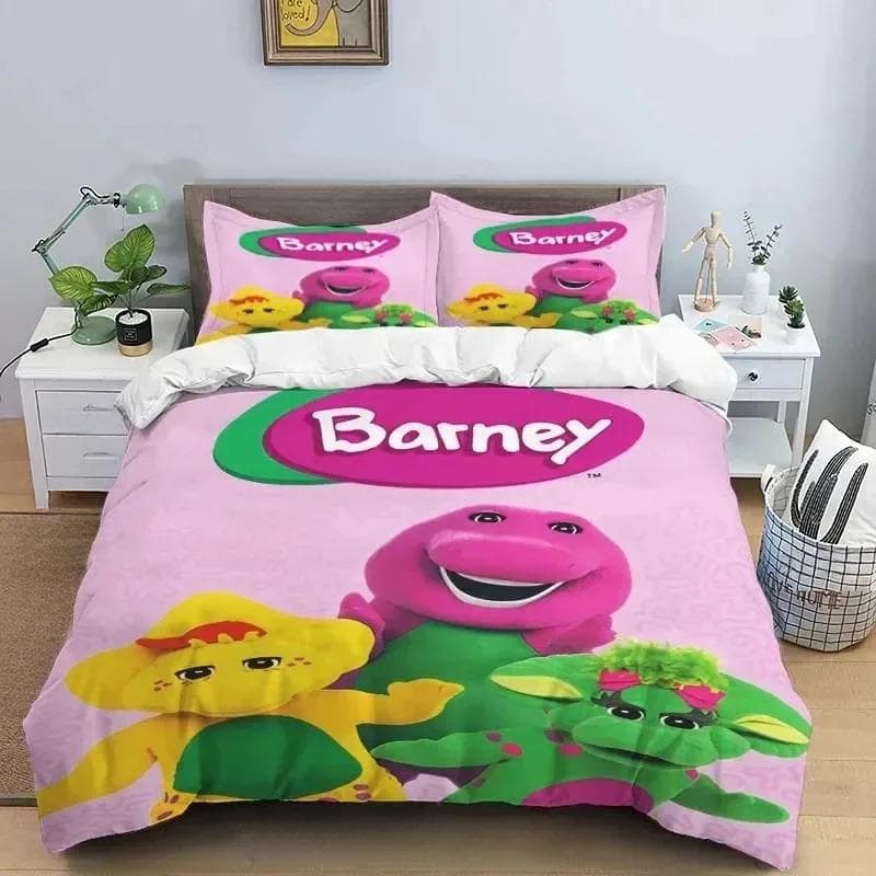 Barney Friends Cute Cartoon Bedding Set Dinosaur Pattern Duvet Cover Pillow Case boys Bedroom Double King Size Comforter Gift 210X210cm-3pcs
