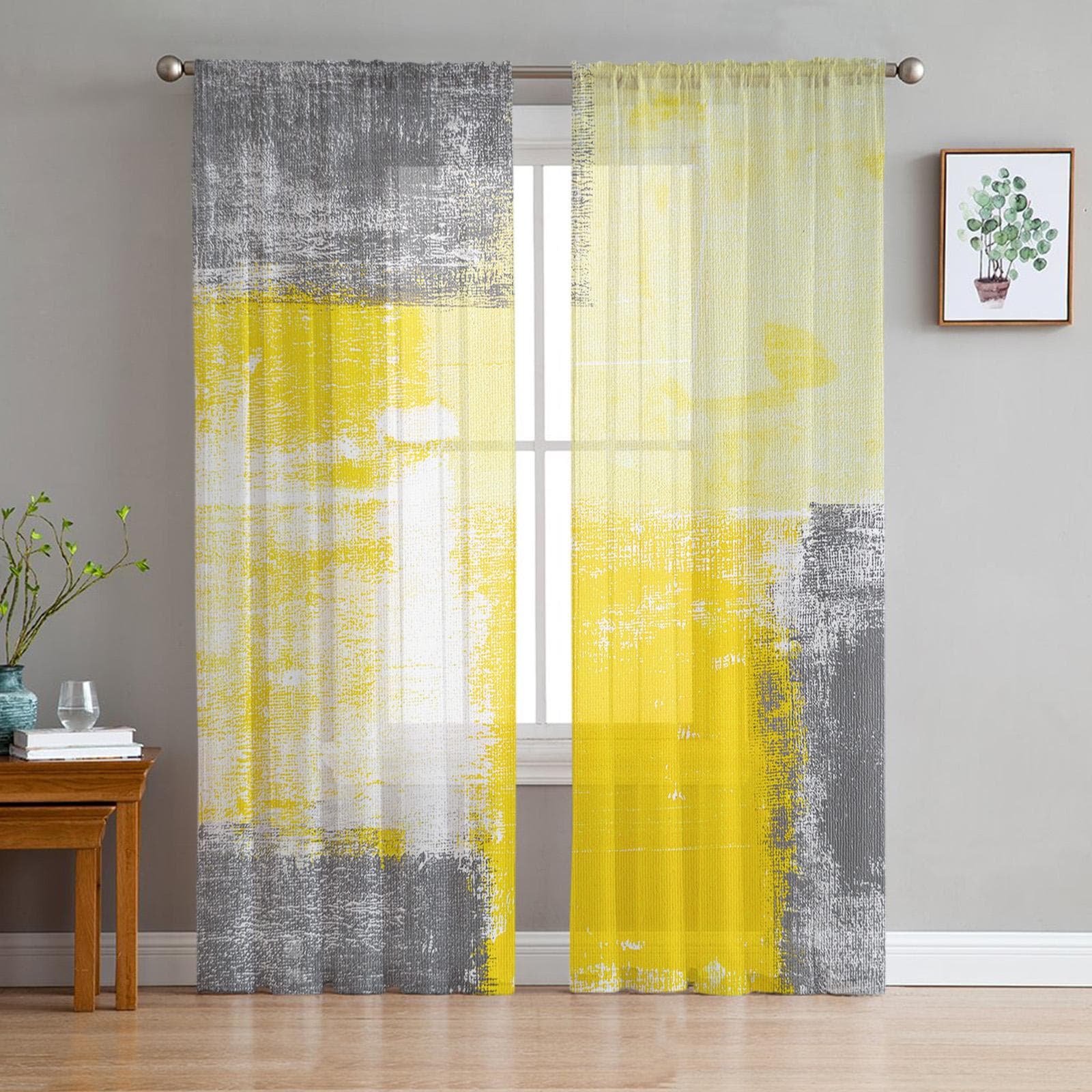 Oil Painting Geometric Yellow Voile Sheer Curtains Living Room Window Chiffon Tulle Curtain Kitchen Bedroom Drapes Home Decor 135W x 114H(cm)