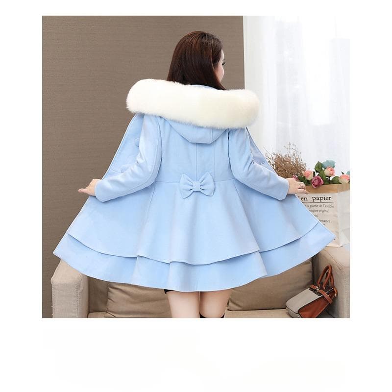 Mid-length Women's Woolen Coat Nizi Coat Autumn and Winter Contrast Color Fur Collar Skirt 2XL