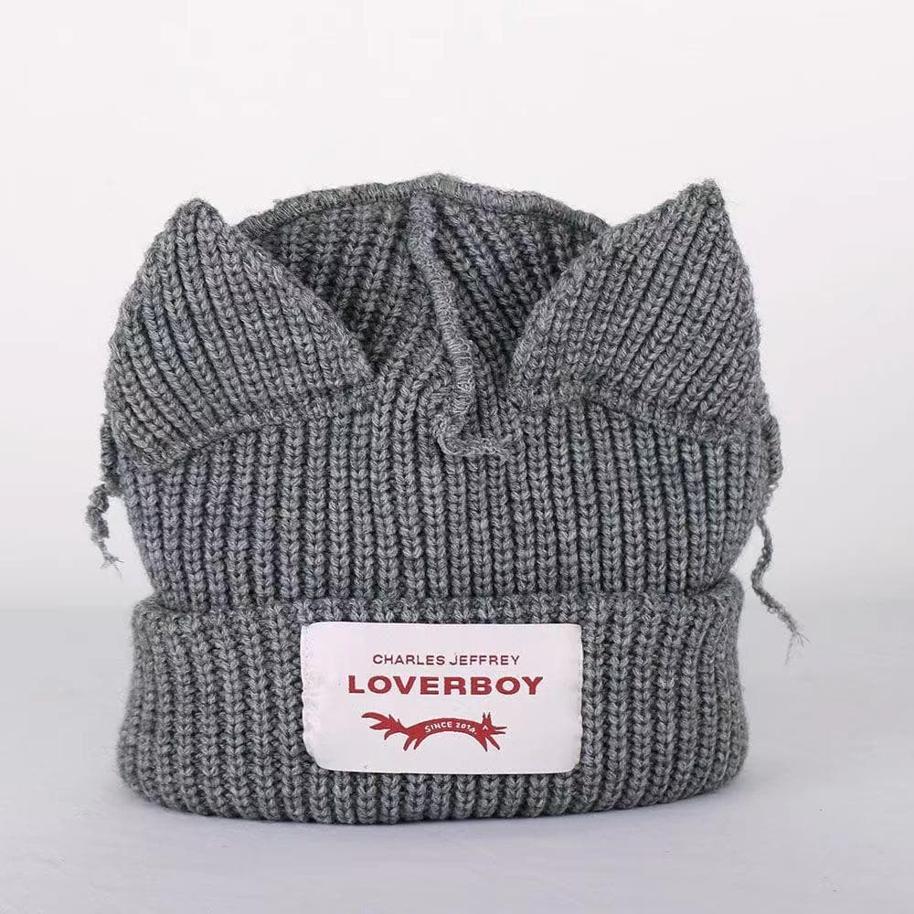 2023 Loverboy Cat Ear Knit Hat solid Warm Pig Ear Woolen Hat Cute Fashion Hooded Cap Niche Design Hip-hop Personality Cold Hat 56-58cm gray