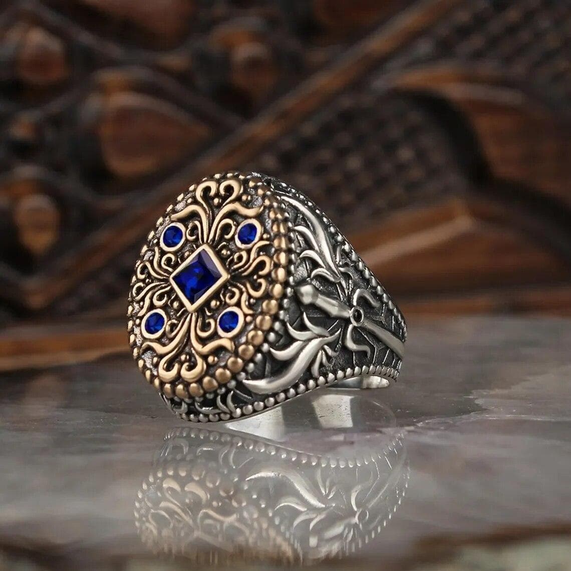 Retro Handmade Turkish Signet Rings For Men Ancient Silver Color Carved Scorpion Animal Rings Yellow Zircon Inlay Muslim Rings 11