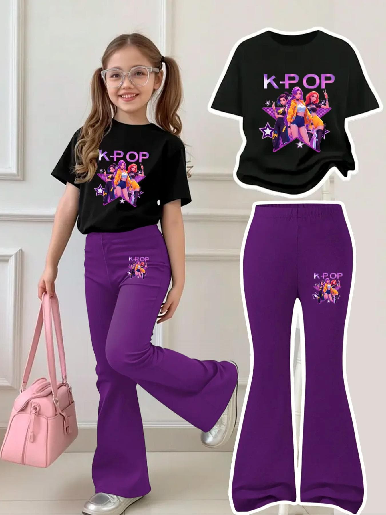 2026 New Style for Girls Regular Short-Sleeved Top and Bell-Bottom Pants Two-Piece Set 160 purple