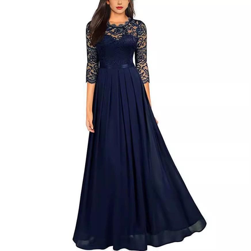 Women's three-quarter sleeve round neck long lace evening dress XXL navy blue