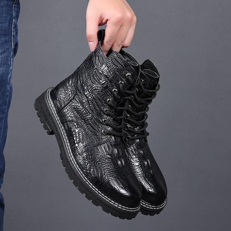 Crocodile Leather Pattern Martin Boots Men's Genuine Leather Top Layer Cowhide Autumn and Winter New Soft-soled Leather Shoes Men's Fashion 44 black