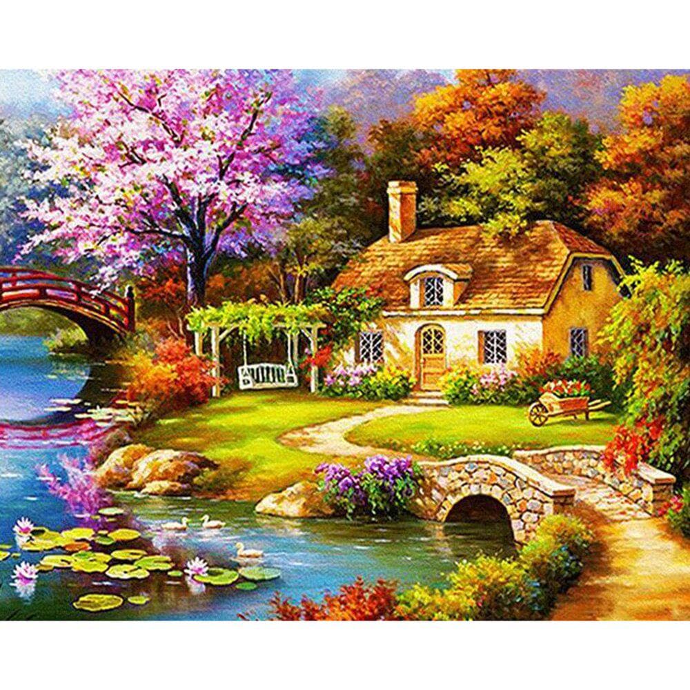 Cross Stitch Kit DIY Diamond Embroidery Riverside house Full Round Diamond Painting Mosaic Home Decor 20X30CM