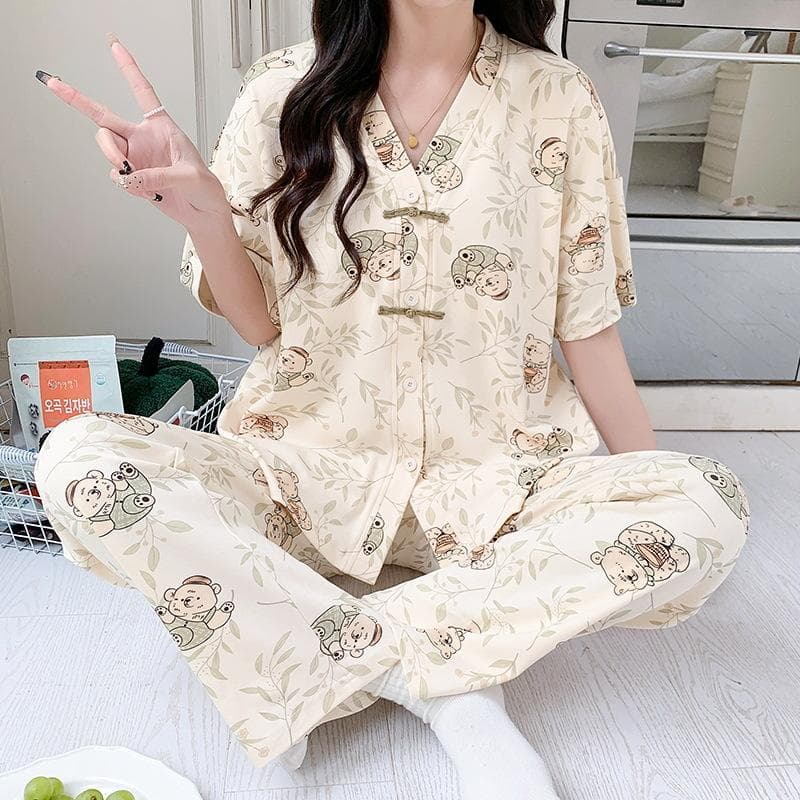 Summer Thin Short-sleeved Pure Cotton Women's Pajamas Set Pajamas Long Pants Women's Pajamas Set Pajamas Casual Home 2XL