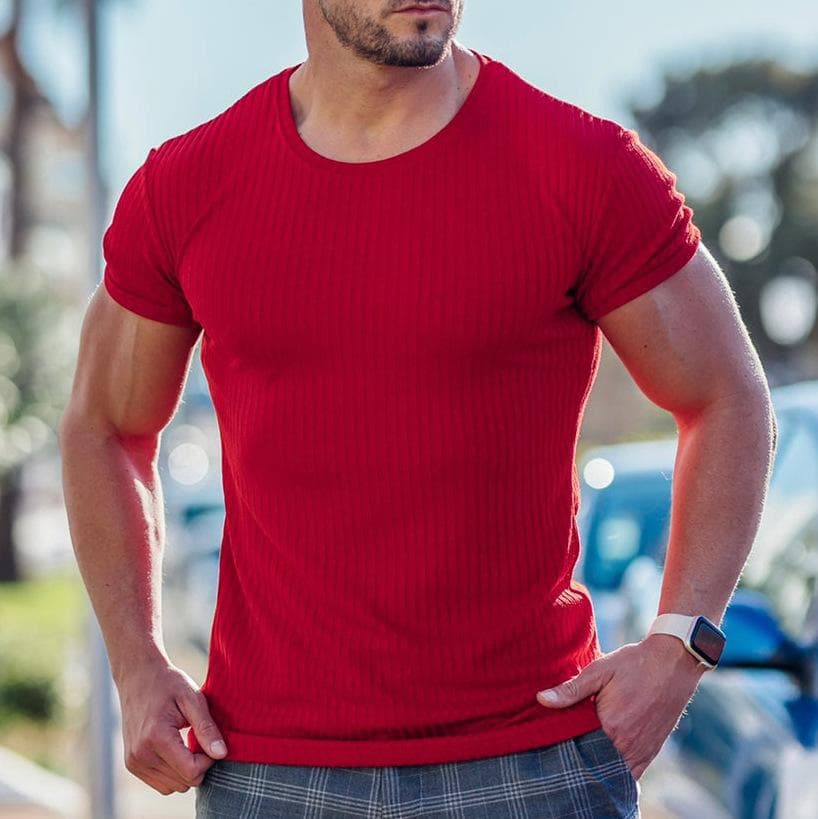 Men's Stretch T-Shirt Ribbed Knit Sleeve Bodybuilding Gym Tee Short Sleeve Slim Fit Workout Shirts Summer Breathable Round Nack T-Shirts for Men 3XL red