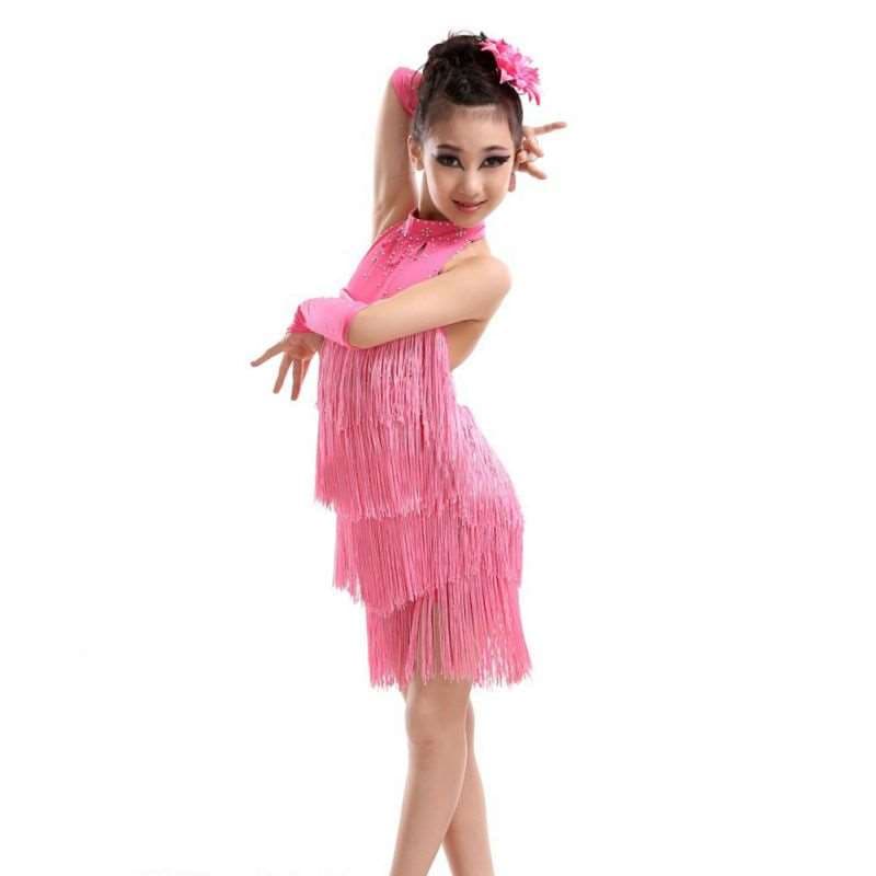 Kids Girls Dance Outfits Belly Dance Cha Cha Dress Latin Salsa Costumes 150 pink