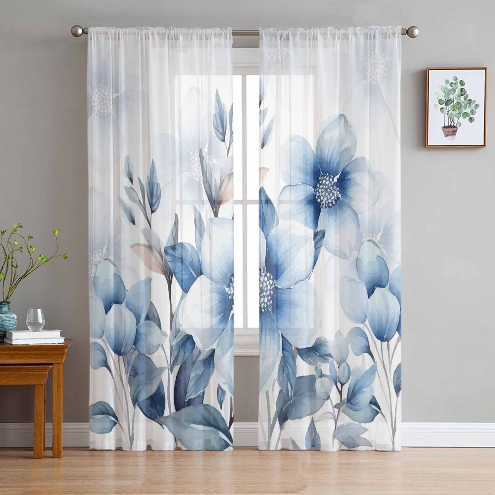 Plant Flower Grass Colors Watercolor Bedroom Curtains Tulle Sheer Curtain Living Room Home Decor Voile Drapes 135W x 114H(cm)