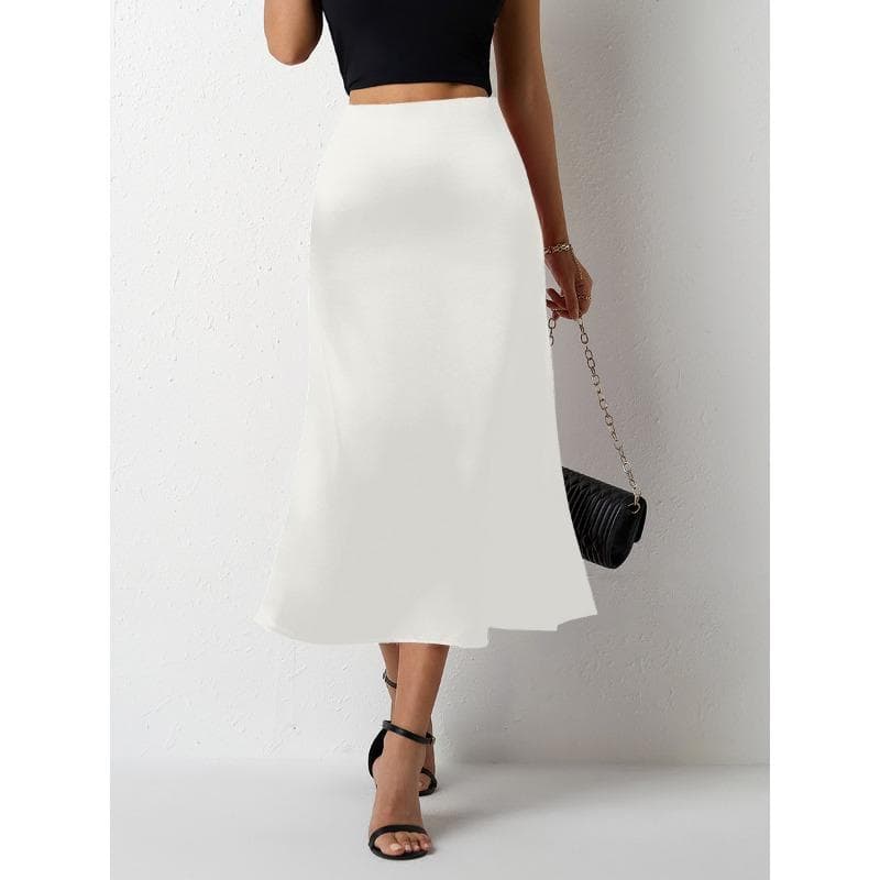Women's Satin Skirt with Tail Fish Tail for Spring and Summer S white