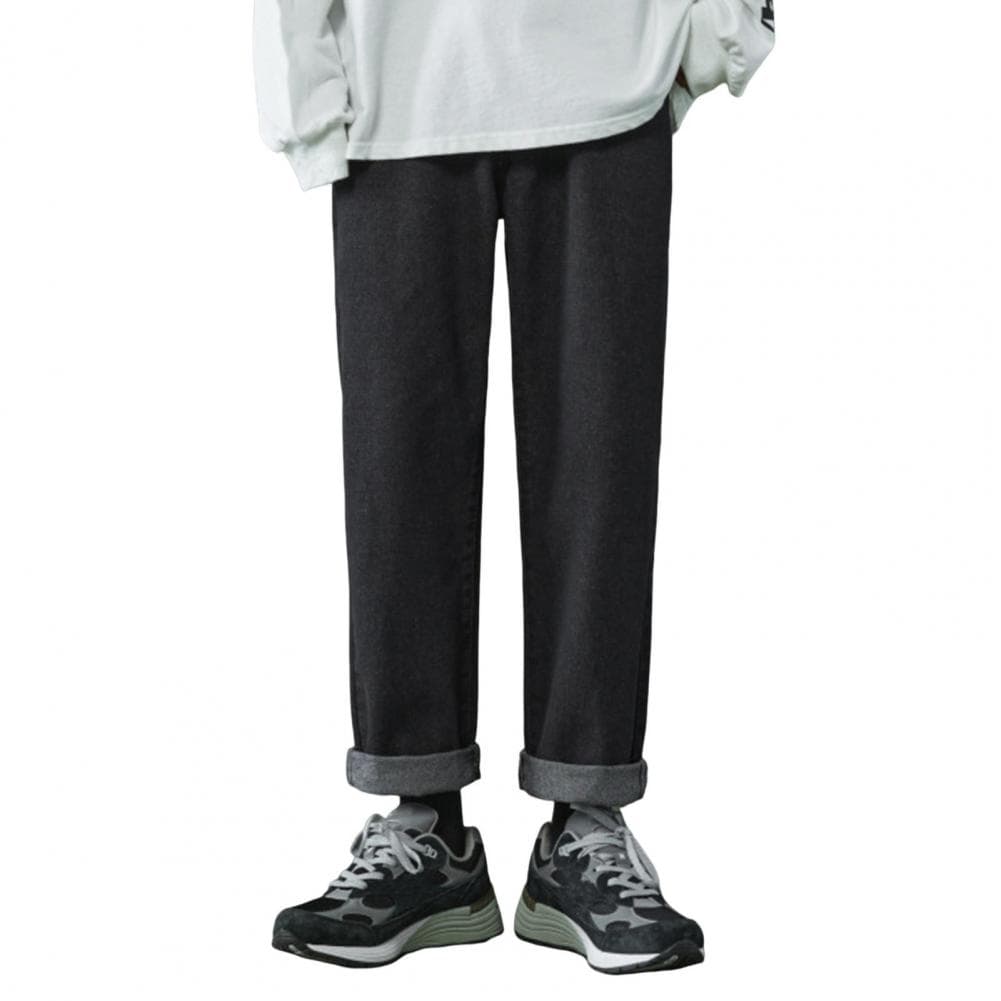 Men Summer Casual Jeans Mid-rise Zipper Button Fly Denim Pants Straight Wide Leg Trousers Pockets Design Solid Color Long Pants M black