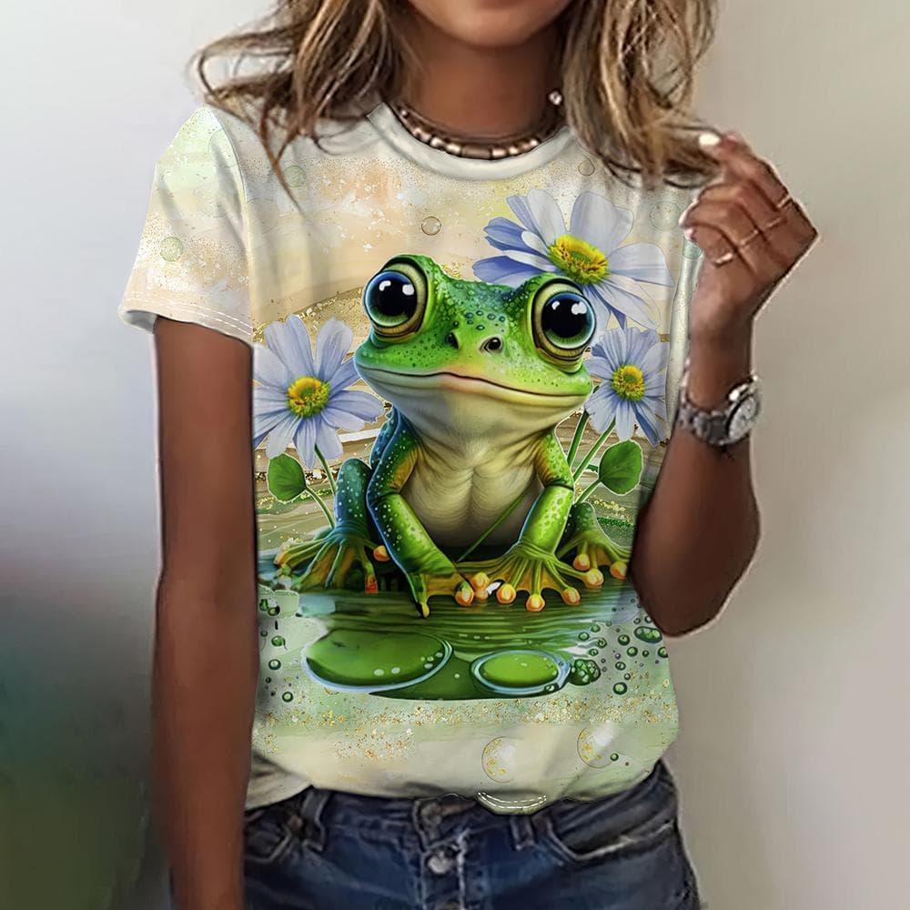 3d Frog Print Fashion Women Cartoon T-Shirts O-Neck Casual Ladies Female O-Neck Top Funny Short Sleeve Loose Woman Clothing 4XL