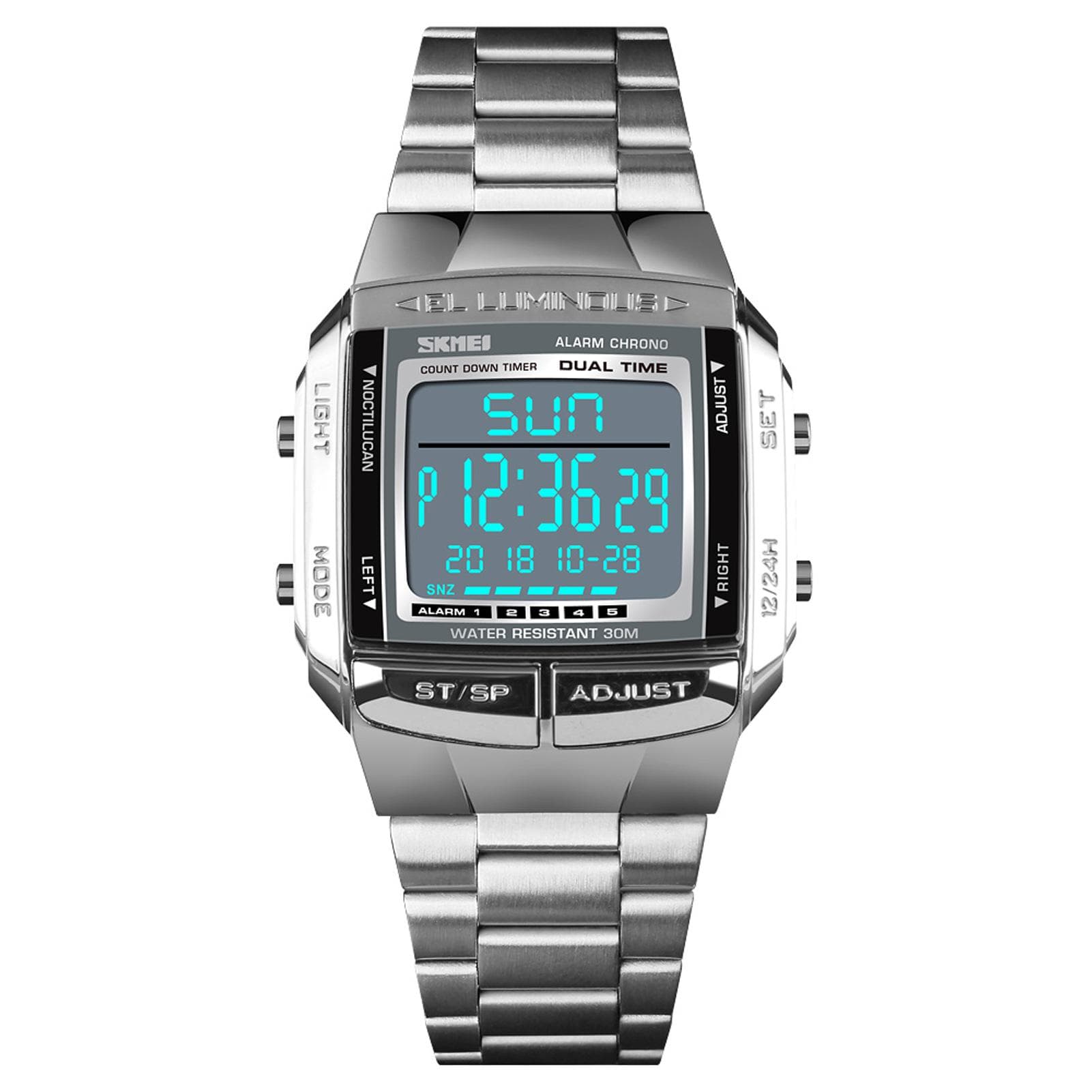 SKMEI 1381 Men Analog Digital Watch Fashion Casual Sports Wristwatch 2 Time 5 Alarm 3ATM Waterproof Stainless Steel Strap silver