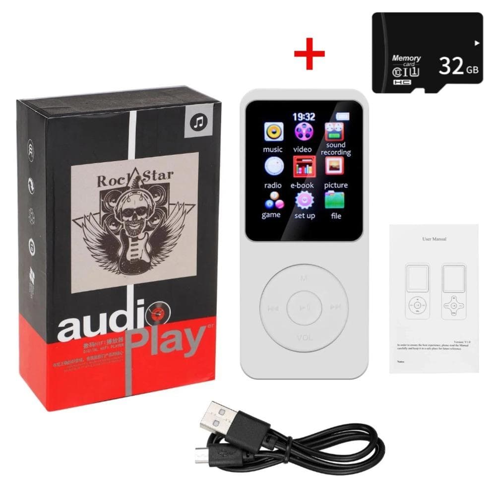 Mini MP3 MP4 Players FM Radio Bluetooth-Compatible 5.4 Stereo Music Player Portable Speaker Support FM TF Card E-Book Voice Recorder Built-in Mic With 32G TF Card white