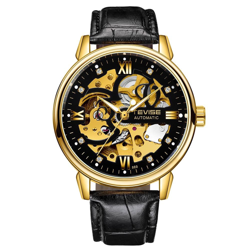 TEVISE Men Watches Automatic Mechanical Skeleton Watch Genuine Leather Band Luminous Hands 3ATM black