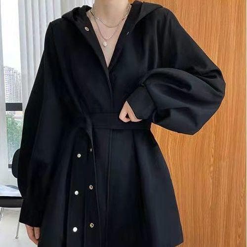 Autumn Korean Loose Trench Coat With Hooded Belt Black Woman Jackets Overcoat L black