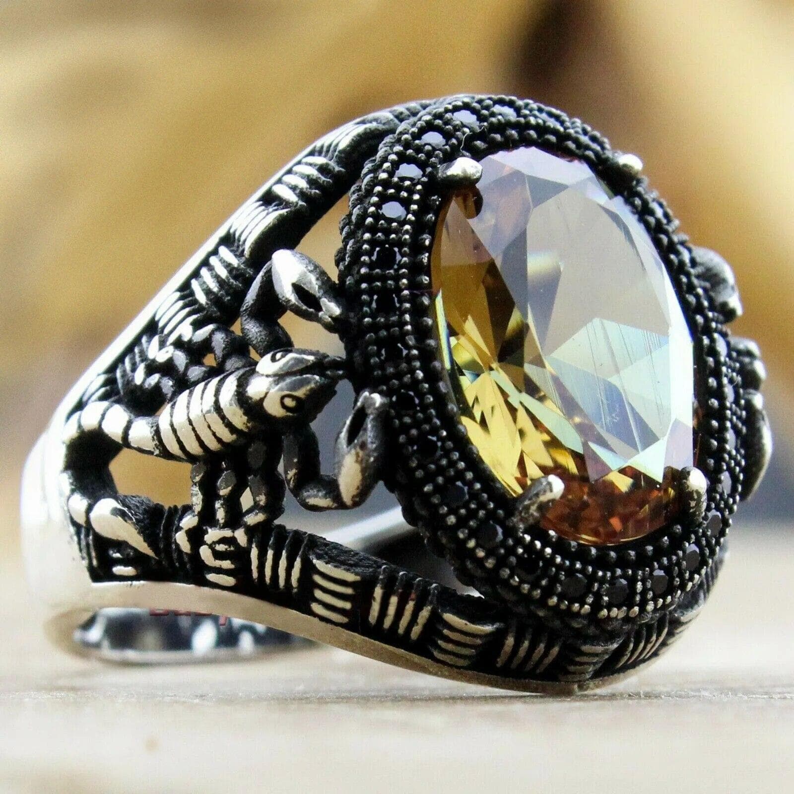 Retro Handmade Turkish Signet Rings For Men Ancient Silver Color Carved Scorpion Animal Rings Yellow Zircon Inlay Muslim Rings 6
