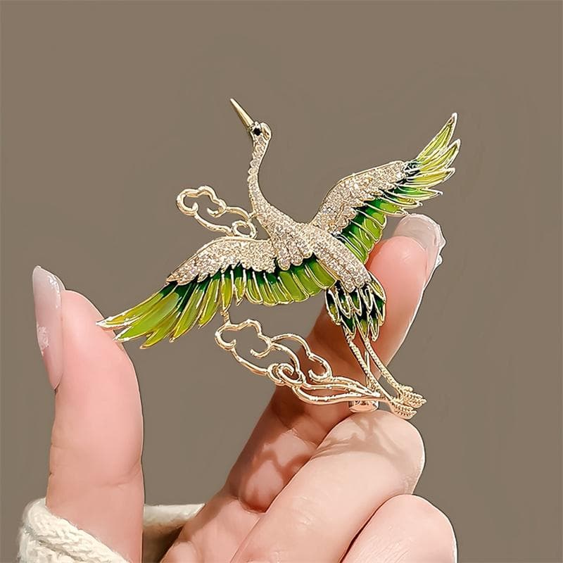 Chinese Style Elegant Green Enamel Wings Crane Clouds Brooches For Women Girls Flying Birds Lapel Pins Party Jewelry