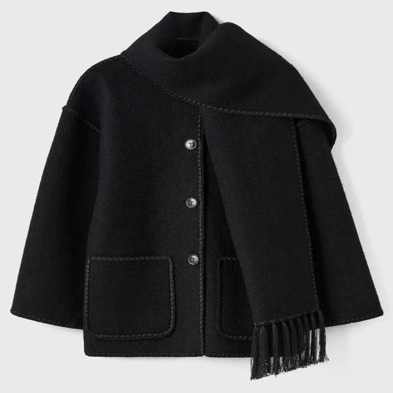 Woolen Jacket Women Autumn Patchwork Tassel Scarf Single Breasted Pocket Coats Casual Fashion Long Sleeve Loose Top Streetwear S black