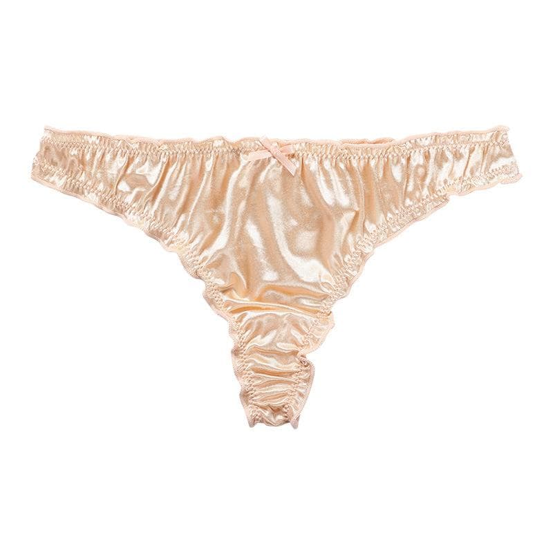 Women's Satin Thong Panties Comfortable Frilly Thongs Ruffle Milk Silk Low-Waist Bikini Briefs Frill Trim Underwear M