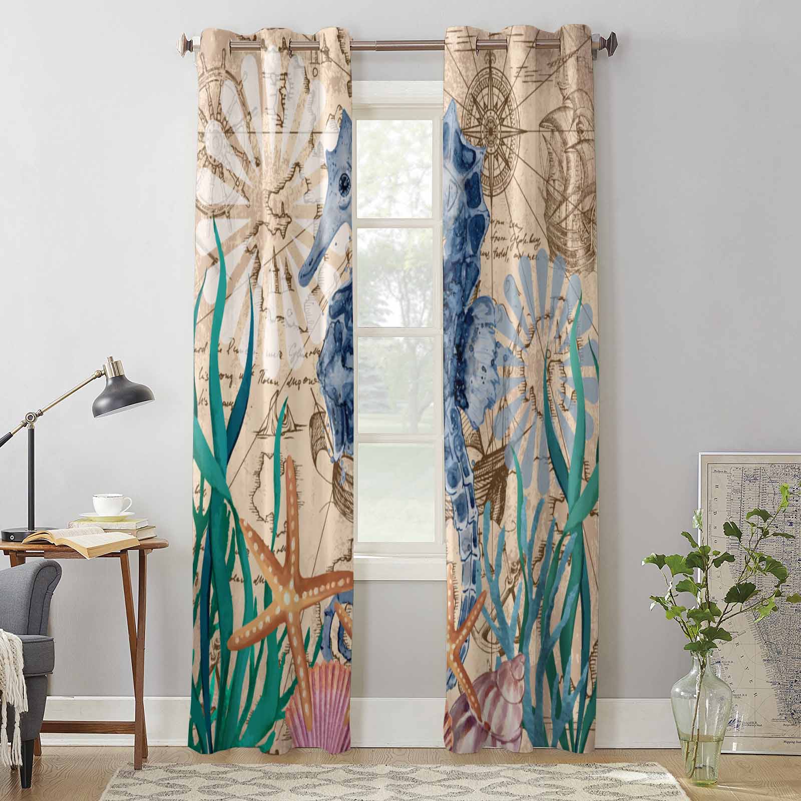 Seahorse Seaweed Starfish Shell Retro Window Curtains for Living Room Bedroom Curtain Modern Kitchen Blinds Drapes Curtains 135W x 60H(cm) x1