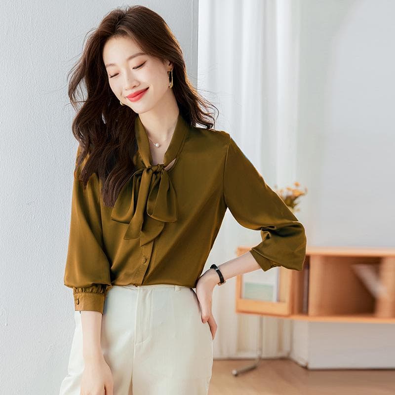 Bow Shirt Women's Long Sleeve Autumn New Temperament Shirt Loose Top 4XL khaki