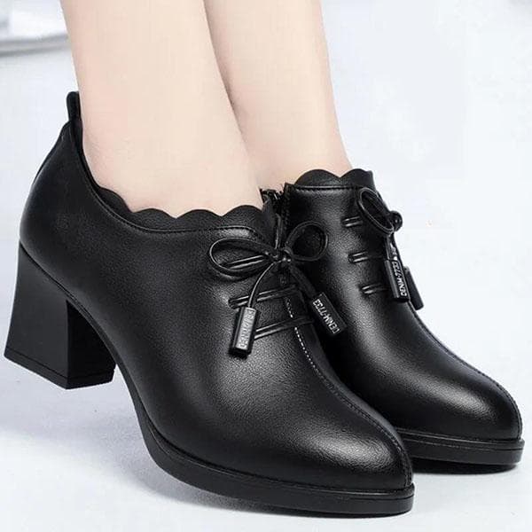 WTEMPO Women Spring Autumn Faux Single Leather Shoes Mother Soft Sole Thick Mid Heel Non Slip Black Casual PU Shoes Zipper Pumps 35 black