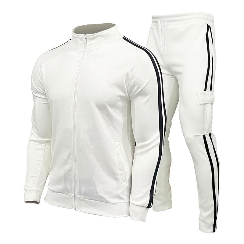 Fashion Men's Two-Piece Striped Sportswear Men's Zipper Top Outdoor Sports Pants Track Suit Suit L white