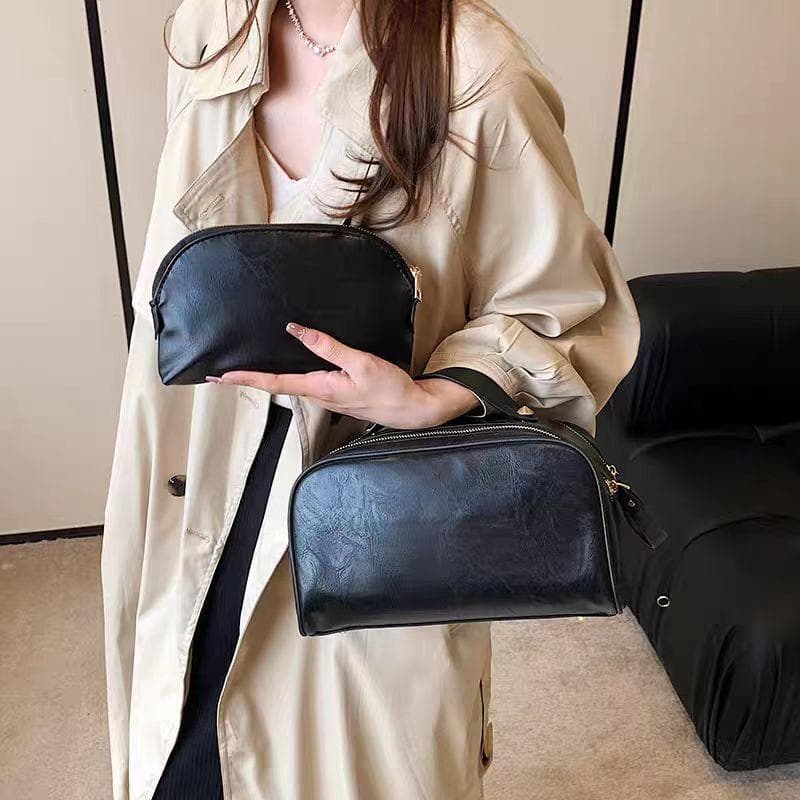 Portable Hand-held Leather Cosmetic Bag, Large-capacity Double-pull Chain Female Two-piece Set of Toiletries Storage Bag