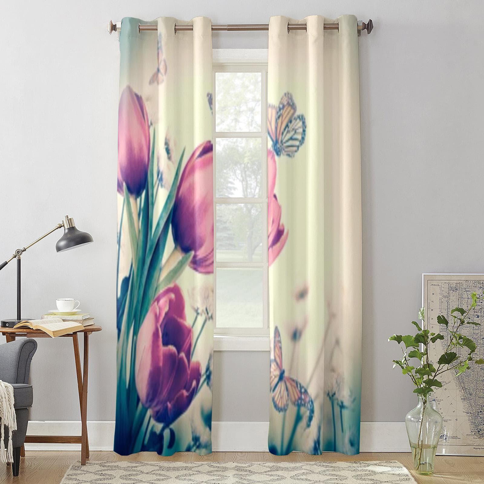 Bouquet Of Red Tulips And Butterfly Window Curtains For Living Room Kitchen Modern Curtains Home Decor Blinds Drapes 135W x 60H(cm) x1
