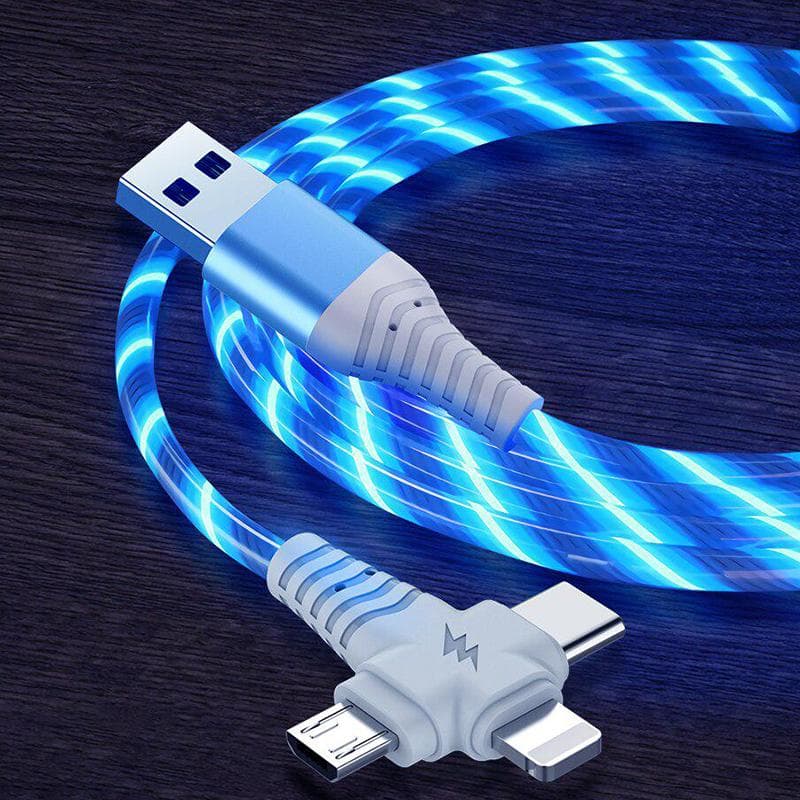 VAORLO 3 In 1 Glowing Charging Cable 2.1A Fast Charging Flow Luminous Lighting Usb Cable for Samsung iphone XiaoMi HuaWei blue