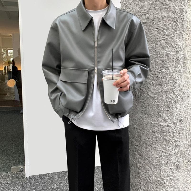Leather Jacket Men's Spring and Autumn New Casual Lapel Motorcycle Jacket Korean Style Trendy Handsome Versatile Jacket XL grey