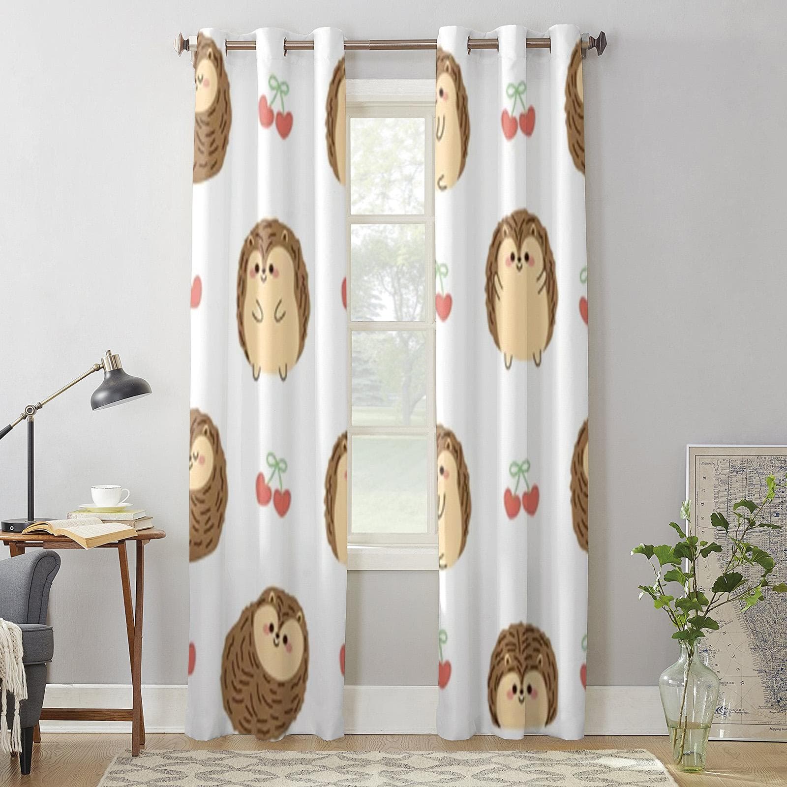 Cute Hedgehog With Heart Window Curtains For Living Room Luxury Bedroom Decor Drapes Kitchen Window Treatments Curtains 135W x 60H(cm) x1
