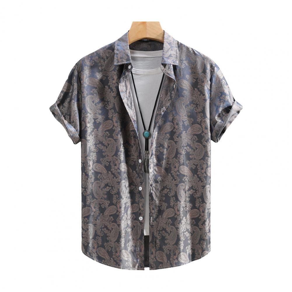 Summer Men Shirt Printing Turn-down Collar Short Sleeves Button-down Loose Mid Length Cardigan Daily Wear Vacation Top M navy blue