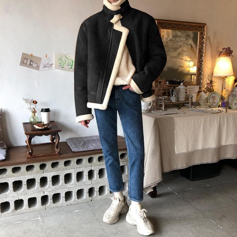 Cotton Coat Men's Winter Korean Style Cotton Coat Loose Thickened Cotton Jacket Lamb Hair Suede Jacket 2XL black