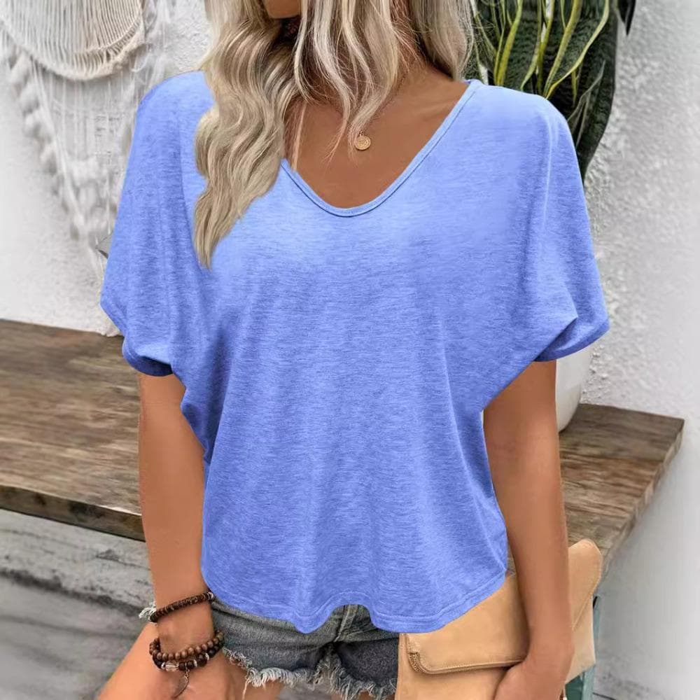 Womens V-neck Solid T Shirt Casual Loose Top Plus Size Short Sleeve Tee Shirt S blue