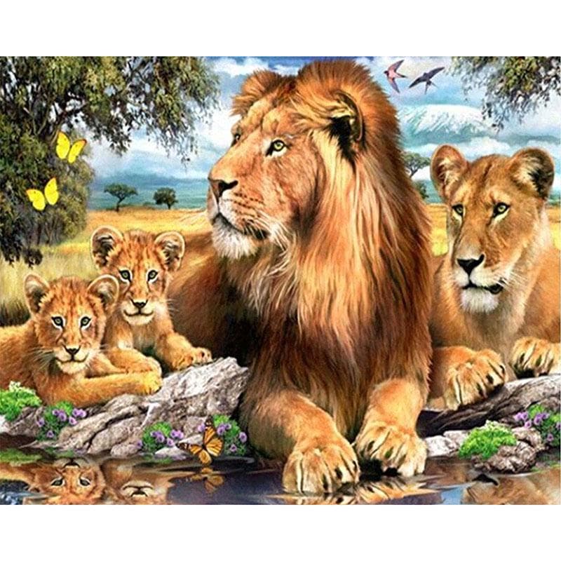 Diamond Painting Cross Stitch Lions Family In Forest Needlework Diamond Embroidery Diamond Decor 20X30CM