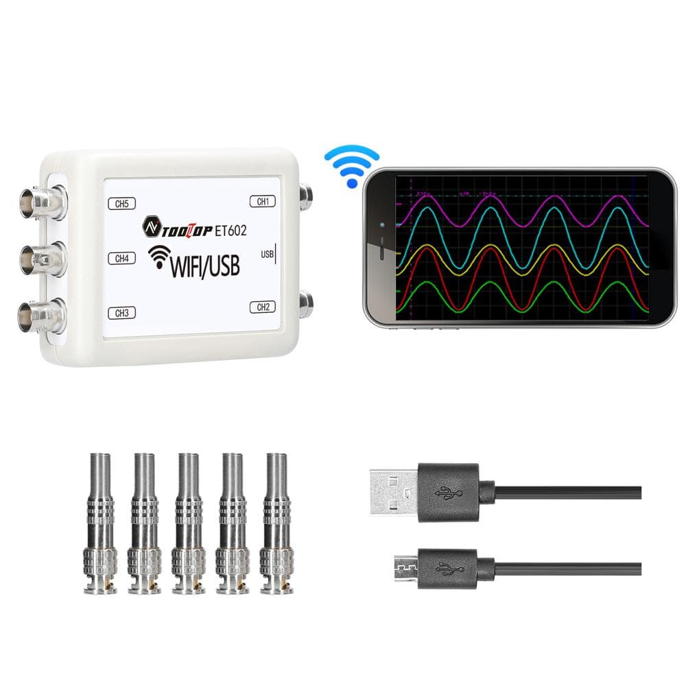 TOOLTOP Virtual Oscilloscope 5channel Data Storage Acquisition Recorder 4 Measurment Modes ET602 USB WIFI multicolour