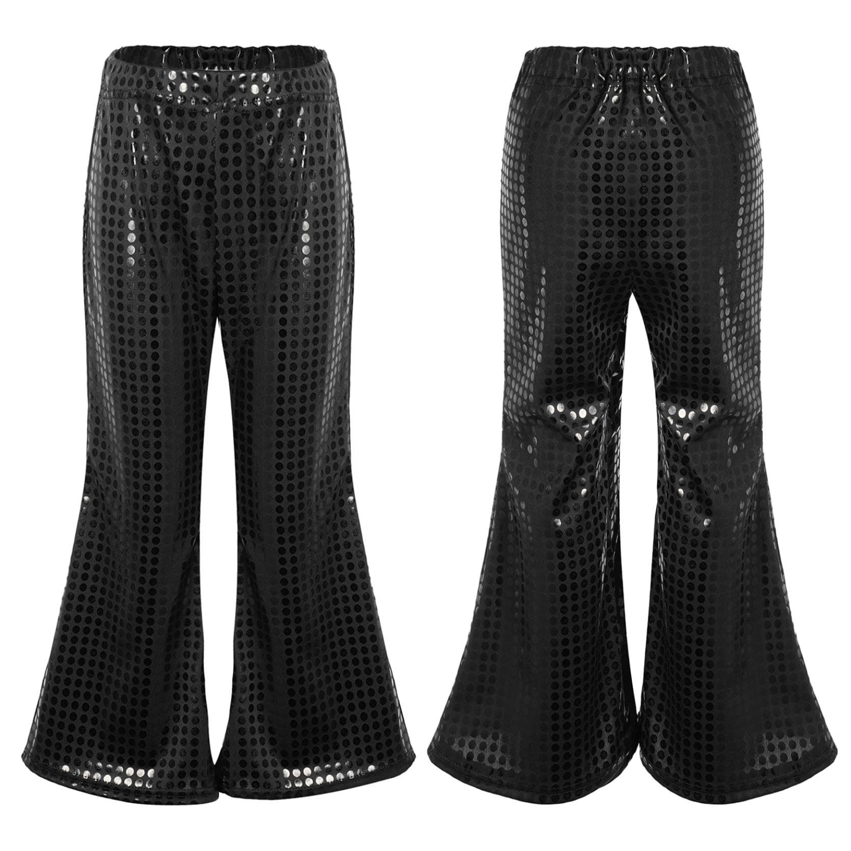 Kids Flared Pants Boys Girls Shiny Sequins Elastic Waist Bell BottomTrousers for Jazz Disco Modern Dance Stage Performance Pants 9-10 Years black