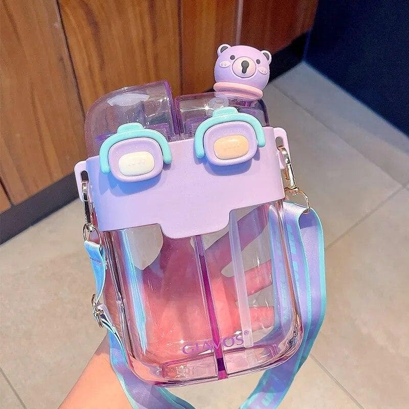 Drinking Bottle Large-Capacity Double-Bin Plastic Straw Cup Children Portable Carrying Water Bottle with High Beauty Cartoon Out 530ml purple