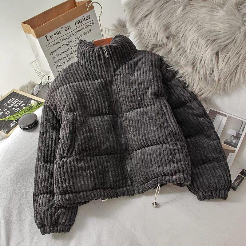 Corduroy Jacket Women's Solid Color Cropped Top Student Fashion Loose Coat M black