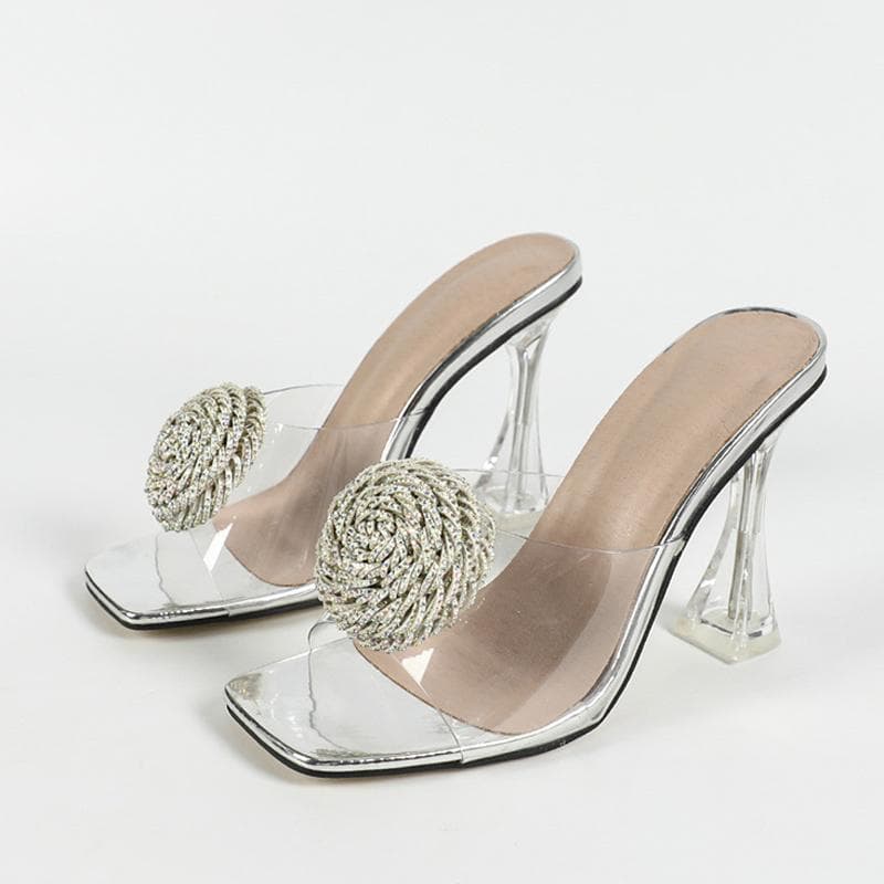 Liyke Big Size 43 44 45 Clear High Heels Modern Slippers Women Transparent Sandals Fashion Square Toe Crystal Rhinestone Shoes 35 silver