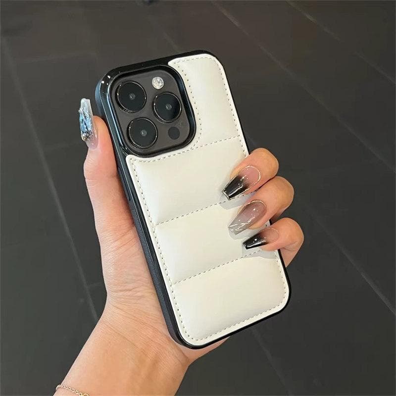 Fashion Down Jacket Puffer Case for iPhone 15 16 14 Plus 13 12 11 Pro X XR XS Max Soft Fabric Silicone Shockproof Funda Cover iPhone 13 Pro white