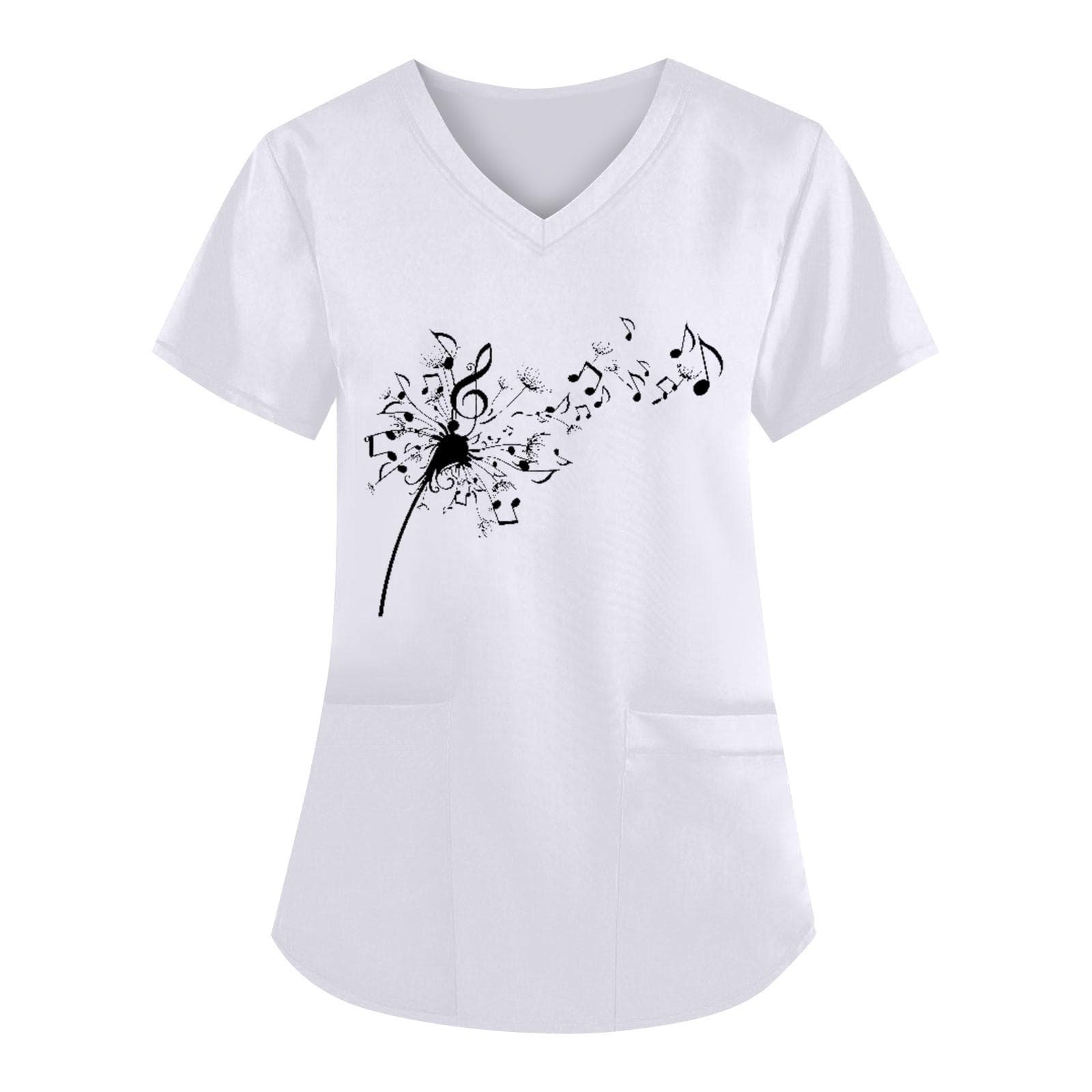 Women's Fashion V-neck Short Sleeve Workwear With Pockets Printed Tops XL white