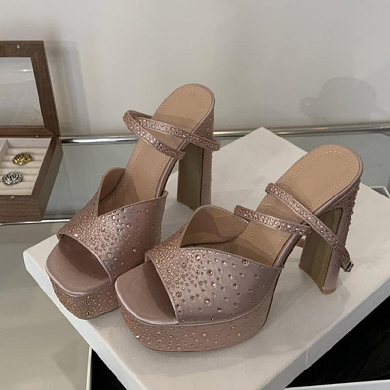 Liyke Fashion Rhinestone High Heels Women Sexy Sandals Crystal Silk Ankle Strap Female Square Toe Chunky Platform Shoes Black 35 apricot